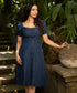 Blue Square Neck Front Button Linen Dress
